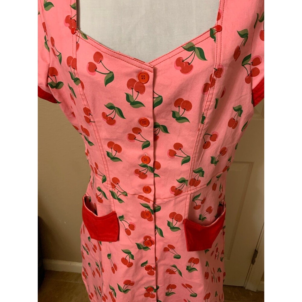 Unique Vintage Pink Denim & Cherry Print Fit & Flare Dress XL 14 NWOT - Picture 10 of 13
